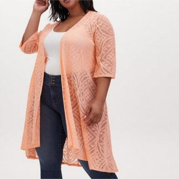 Torrid 3 4 Peach Mesh Hi-Lo Kimono 3X 4X Lace Short Sleeve Lightweight Flowy - Picture 1 of 5